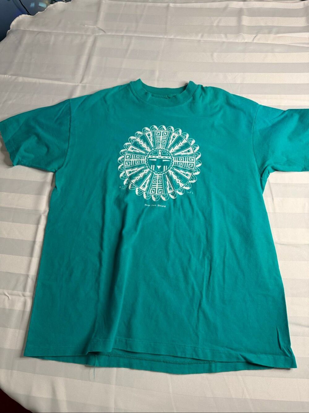 Hanes Beefy-T VTG Single Stitch Hopi Sun Shield Graphic T-Shirt Teal USA Made XL